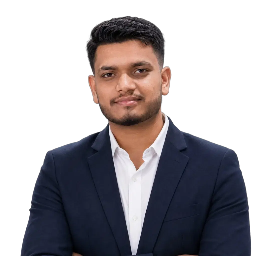 Shubham Gulve, freelance software developer and AI engineer, in a navy blazer