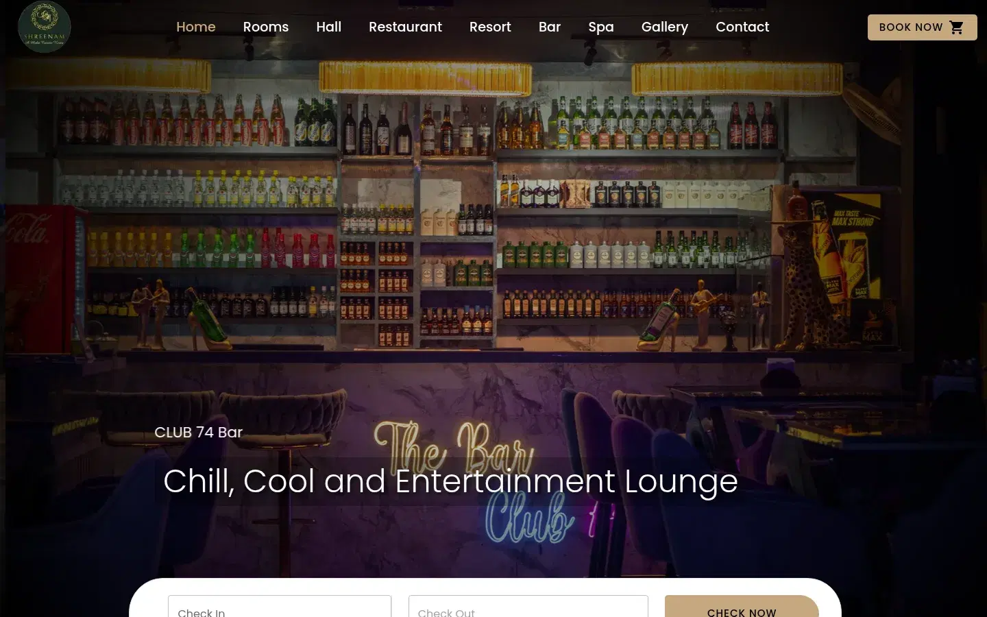 Club74 live website — bar and lounge page