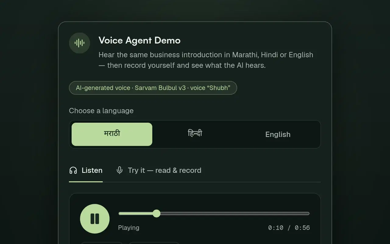 The voice demo on this site playing the Marathi introduction in the Sarvam Shubh voice