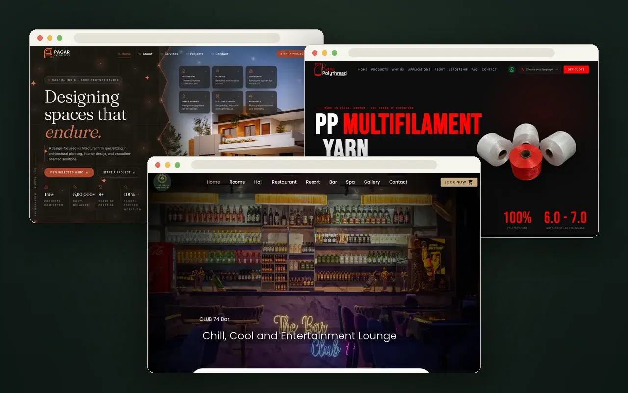 Live websites for Pagar Architects, Rama Polythread and Club74 shown in browser frames